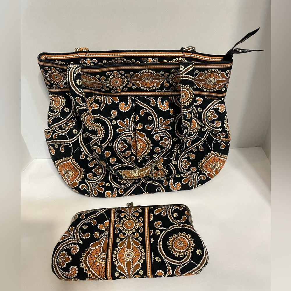 Vera Bradley handbag Pleated Satchel Caffe Latte W/ matching Snap Wallet‎ brown